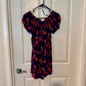 Navy Blue Floral Off-Shoulder Dress with Red Print